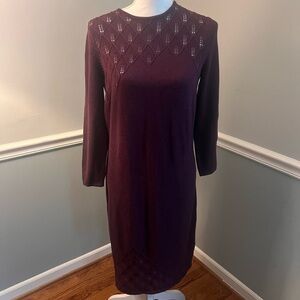 J McLaughlin Burgundy - Plum Eyelet Knit Cotton Sweater Shift Dress Size M